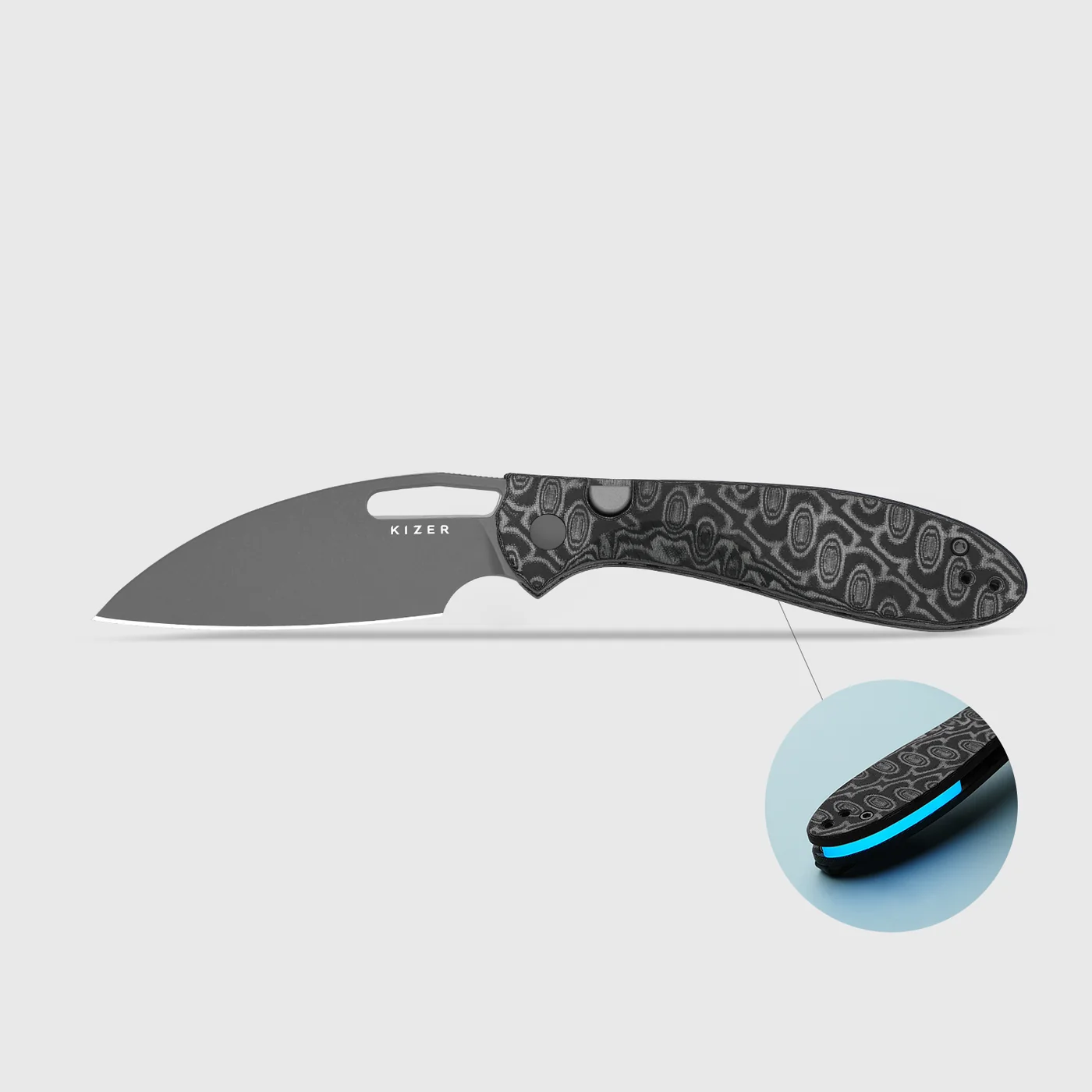 Kizer Masu | Kizer Button Liner Lock™ | GID Blue G10 | 14C28N | Vortex Pattern Micarta | KizerV™ 3697A2 product photo