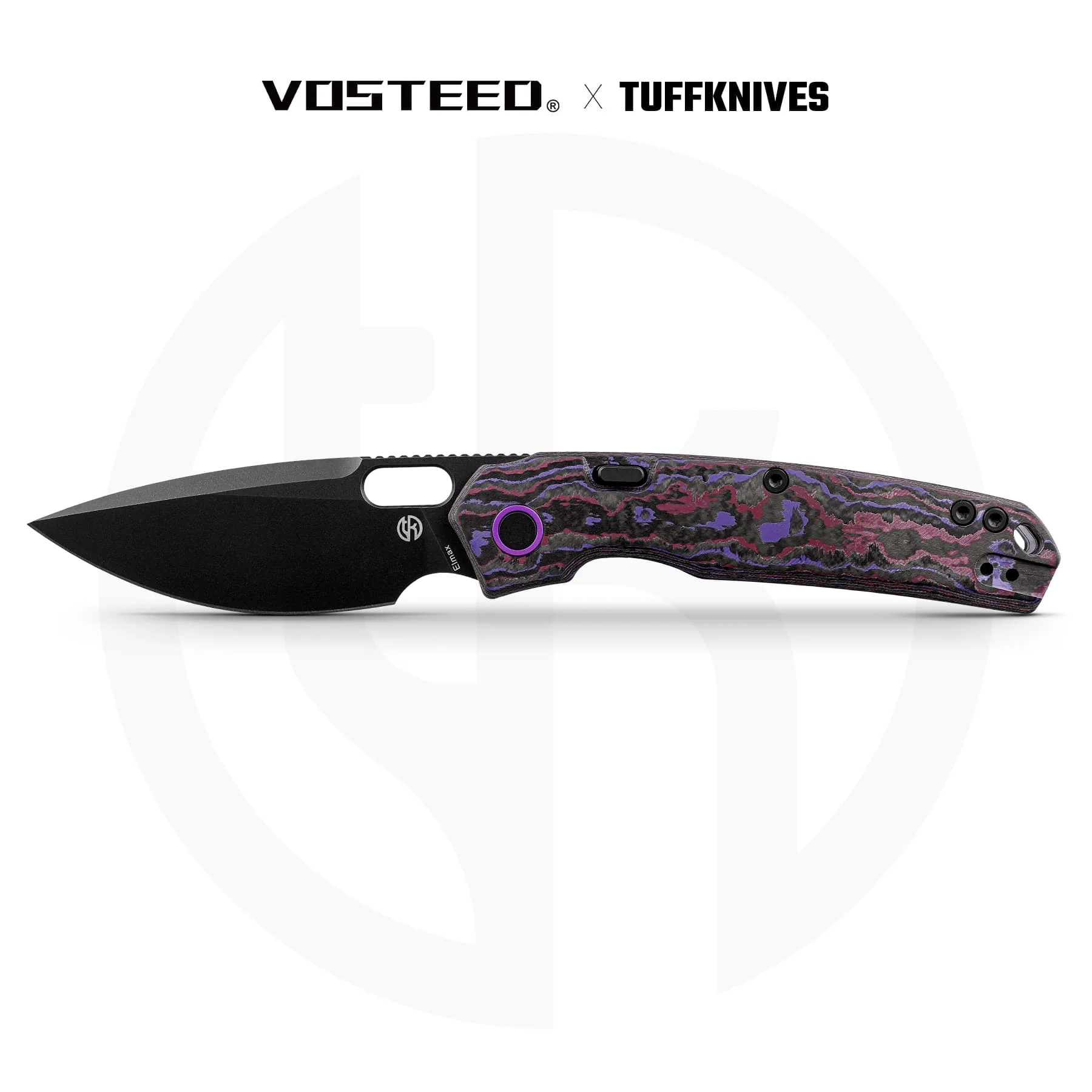 Vosteed BLADEHQ Exclusive Vosteed Psyop Top Liner Lock Knife Purple Haze Fatcarbon (3.3" Black Elmax) A2226 product photo